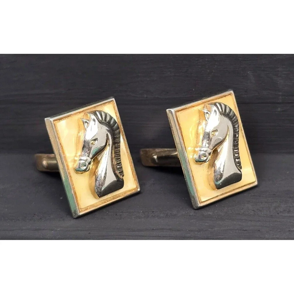 Vtg Horse Head Cufflinks Silver Tone Mother of Pearl MOP Equestrian Mens Jewelry